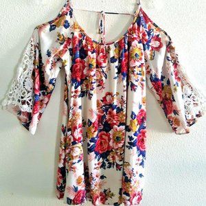 Umgee Dress Floral Print Cold Shoulder Crochet Boho Peasant Dress NEW!